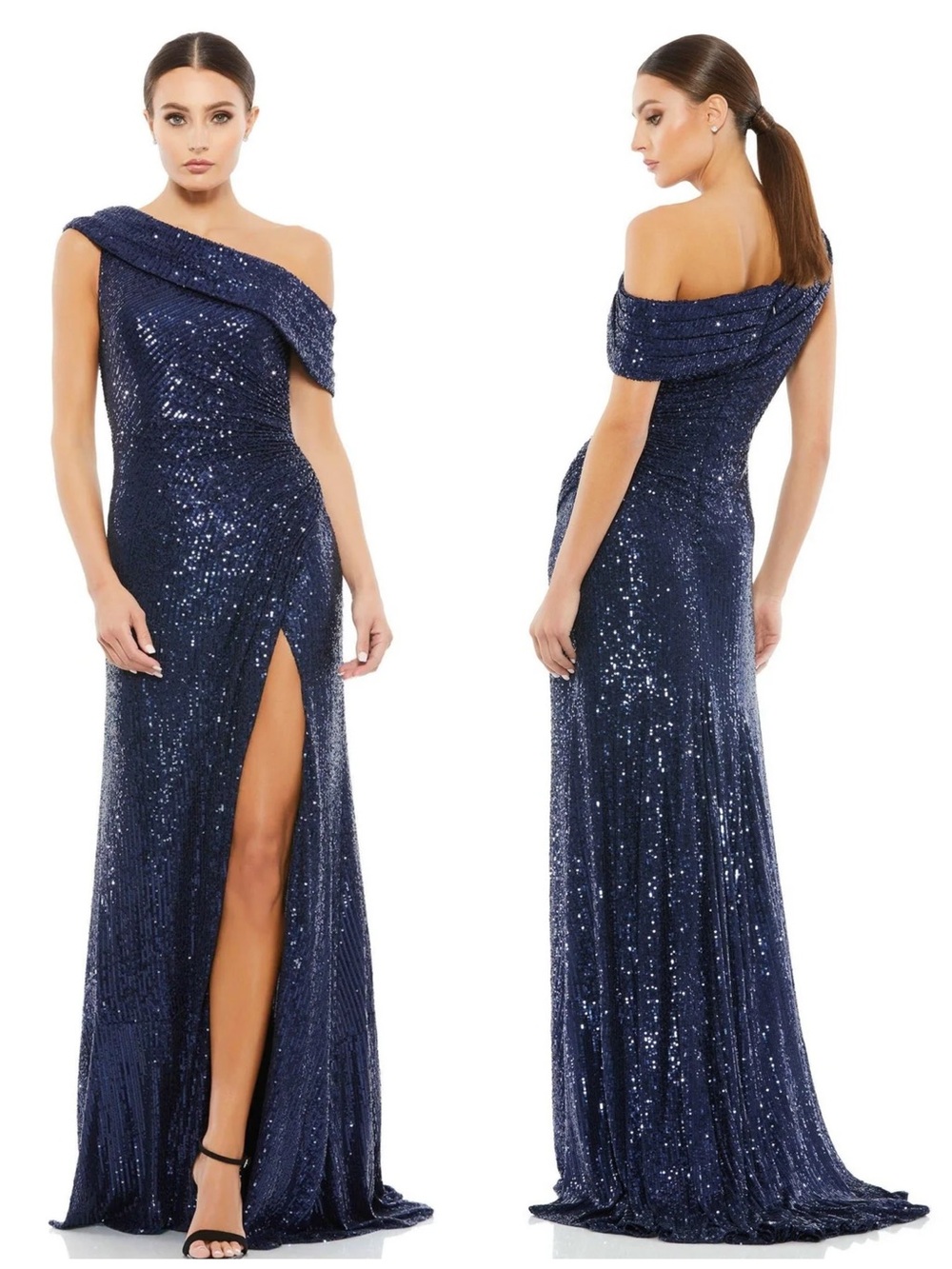 Mac Duggal Midnight One-Shoulder Sequin Evening Gown Maxi Dress 26550 NWT $398